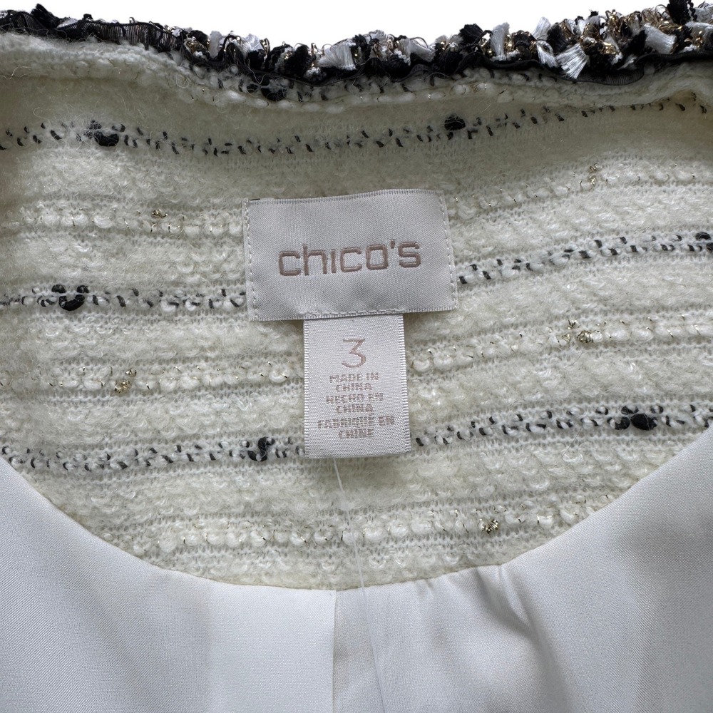 Chicos Versailles Sleeve Jacket 3 Womens XL Ecru Tweed Gold Metallic Paisley NWT - Picture 3 of 12